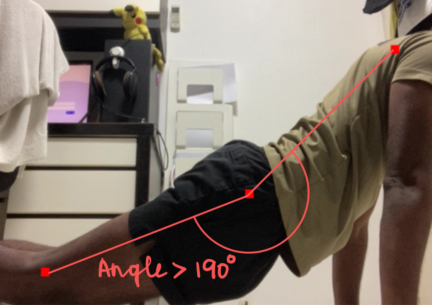 Pose detection: angle > 190° (bad), angle < 172° (bad), 172°–190° (good)