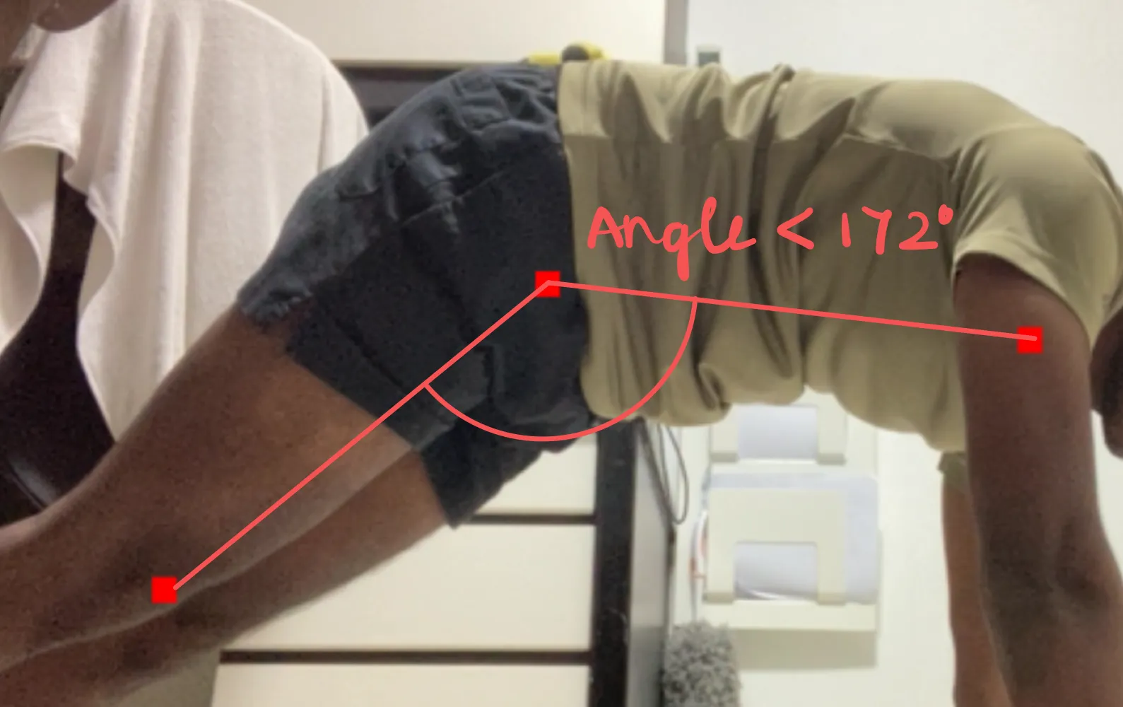 Pose detection: angle > 190° (bad), angle < 172° (bad), 172°–190° (good)
